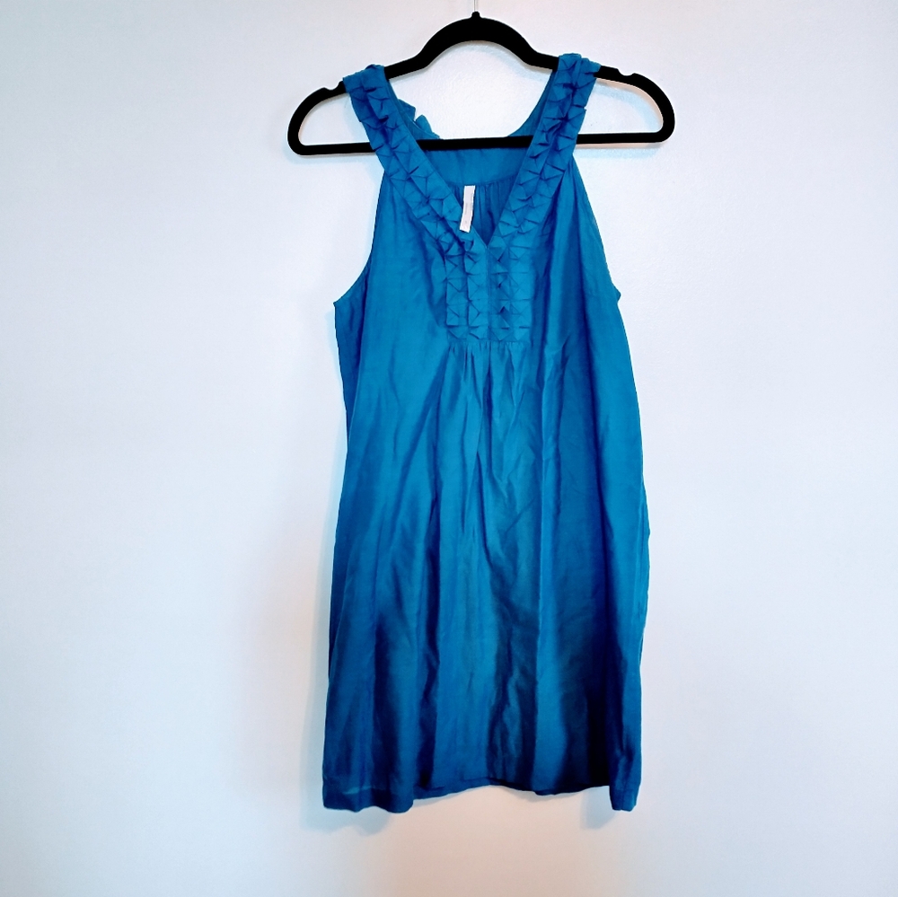Old Navy blue dress with ruffles along the neckline size small, cotton blend, pe
